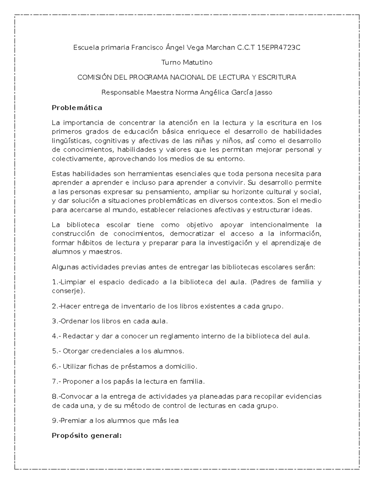 Plan de Comisión del PNL para Fomento de Lectura y Escritura en 15EPR4723C - Document Preview
