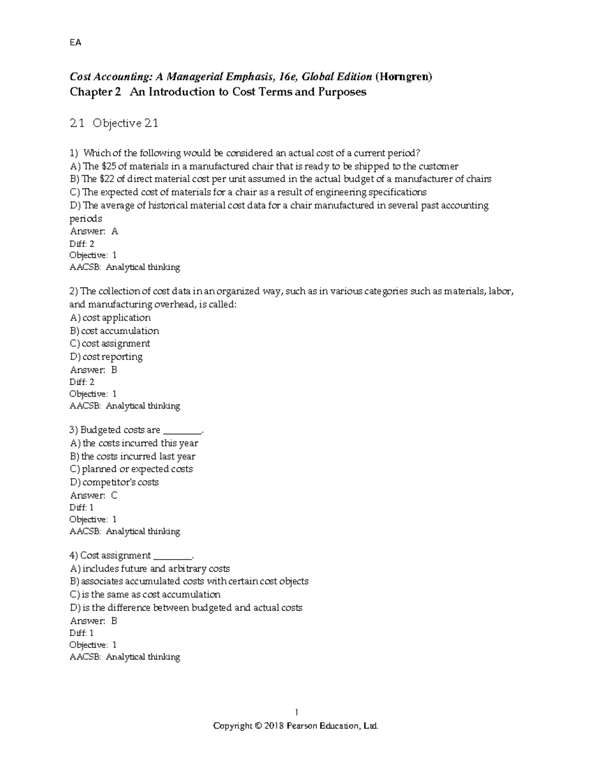 Test bank chapter 2 an introduction to cost terms and purposes - 1 Cost ...