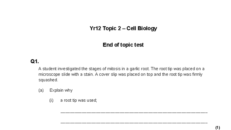 Yr12 Cell Biology Topic 2 Test & Mark Scheme - Studocu