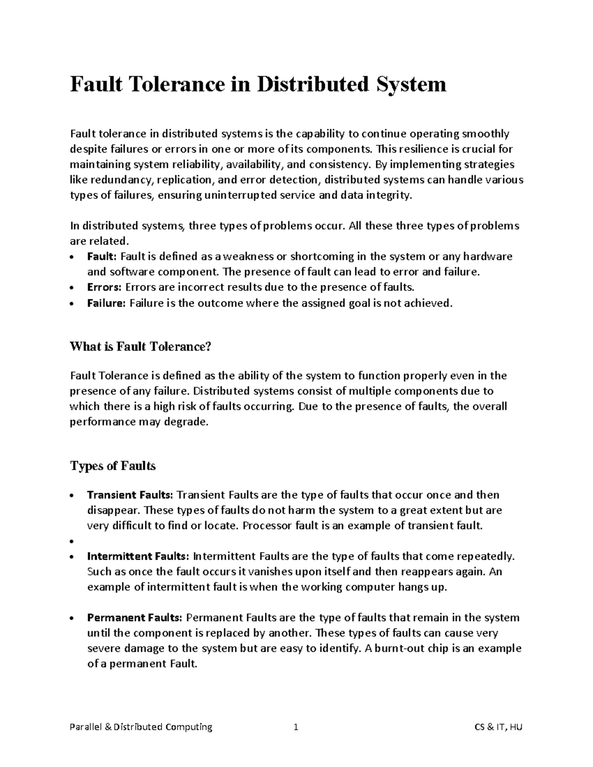 Lecture 8: Fault Tolerance in Distributed Systems - CS IT, HU - Studocu