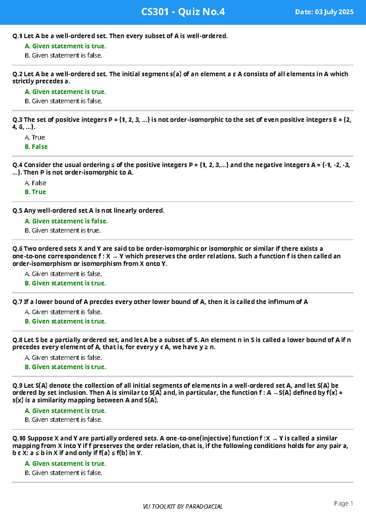 CS301 Quiz No.4 Summary: Key Concepts and Questions - Studocu