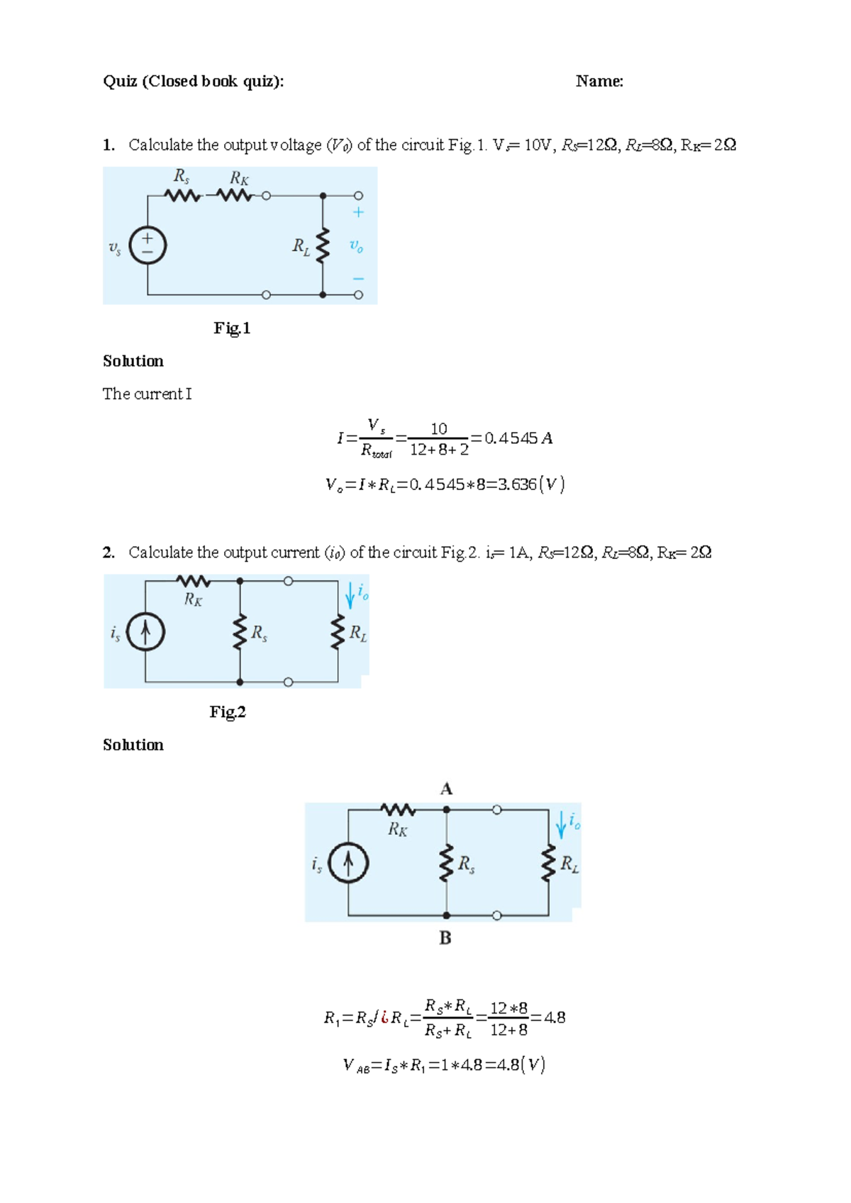 Quiz 1 IT Solutions: Circuit Analysis & Voltage Calculations - Studocu
