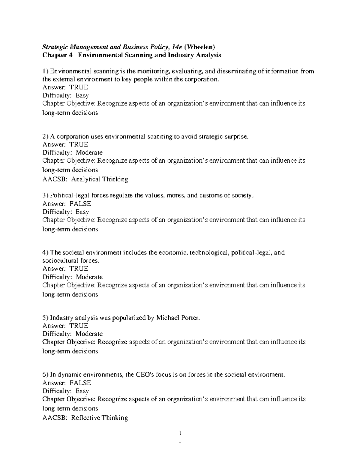 Strategic Management and Business Policy, 14e (Wheelen) Chapter 4 Test ...