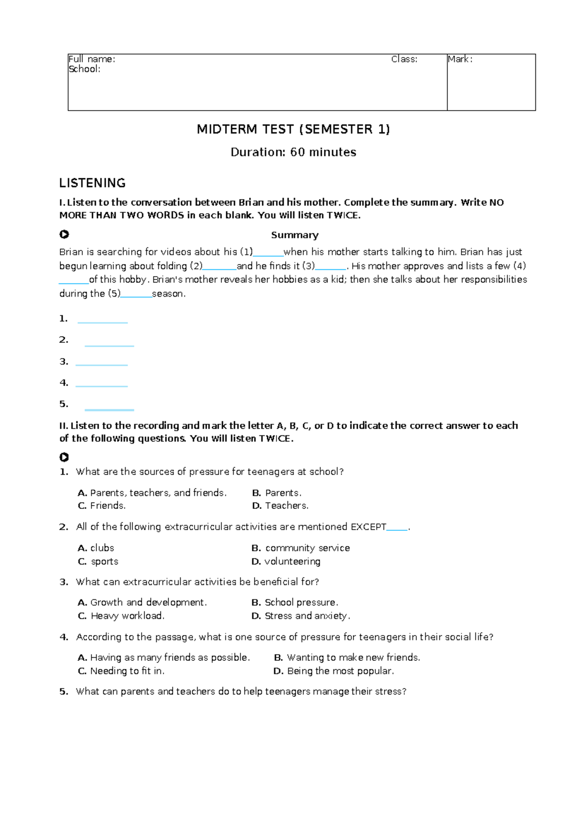TEST GIUA KY 1 Global 8 - Practice - Full name: Class: Mark: School ...