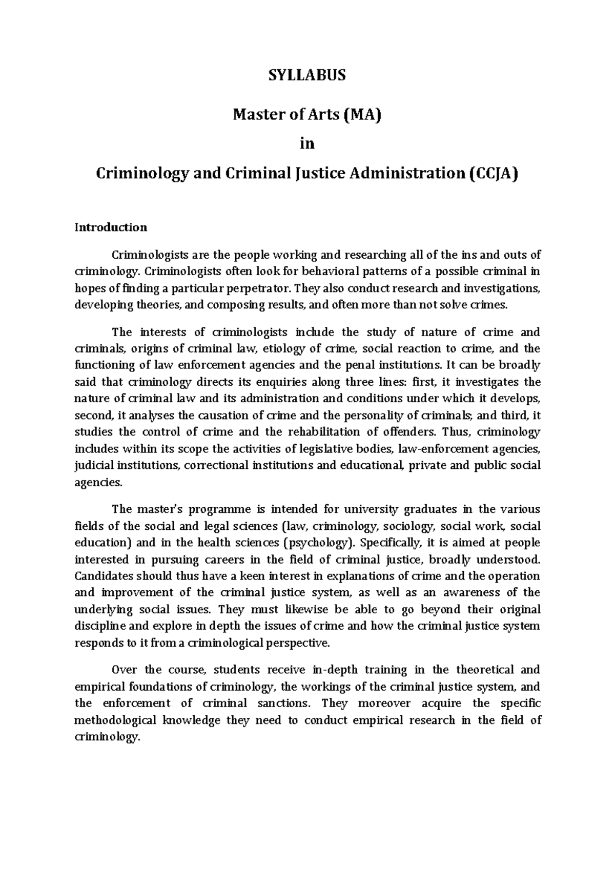 SYLLABUS MA in Criminology & Criminal Justice Administration (CCJA