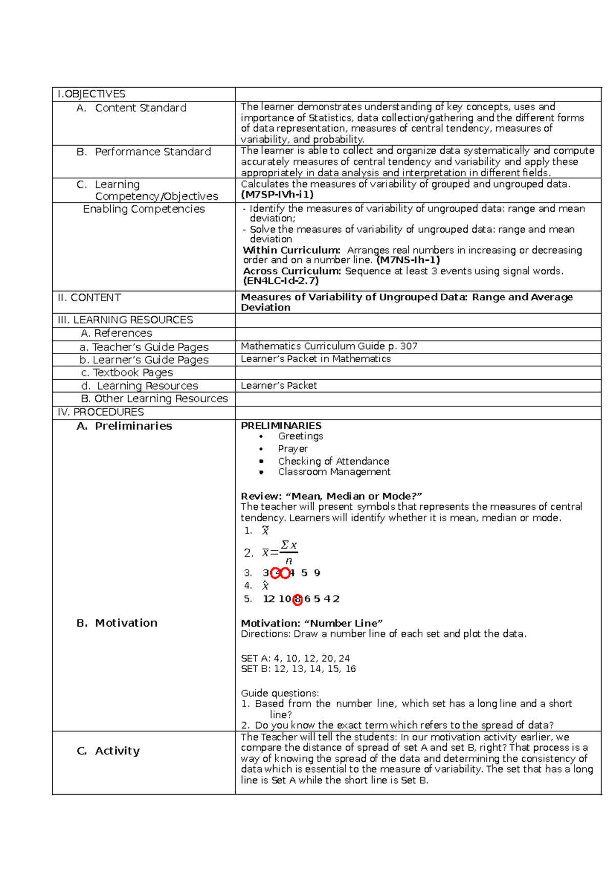 Lesson Plan for Classroom Observation: Measures of Variability (M7SP ...