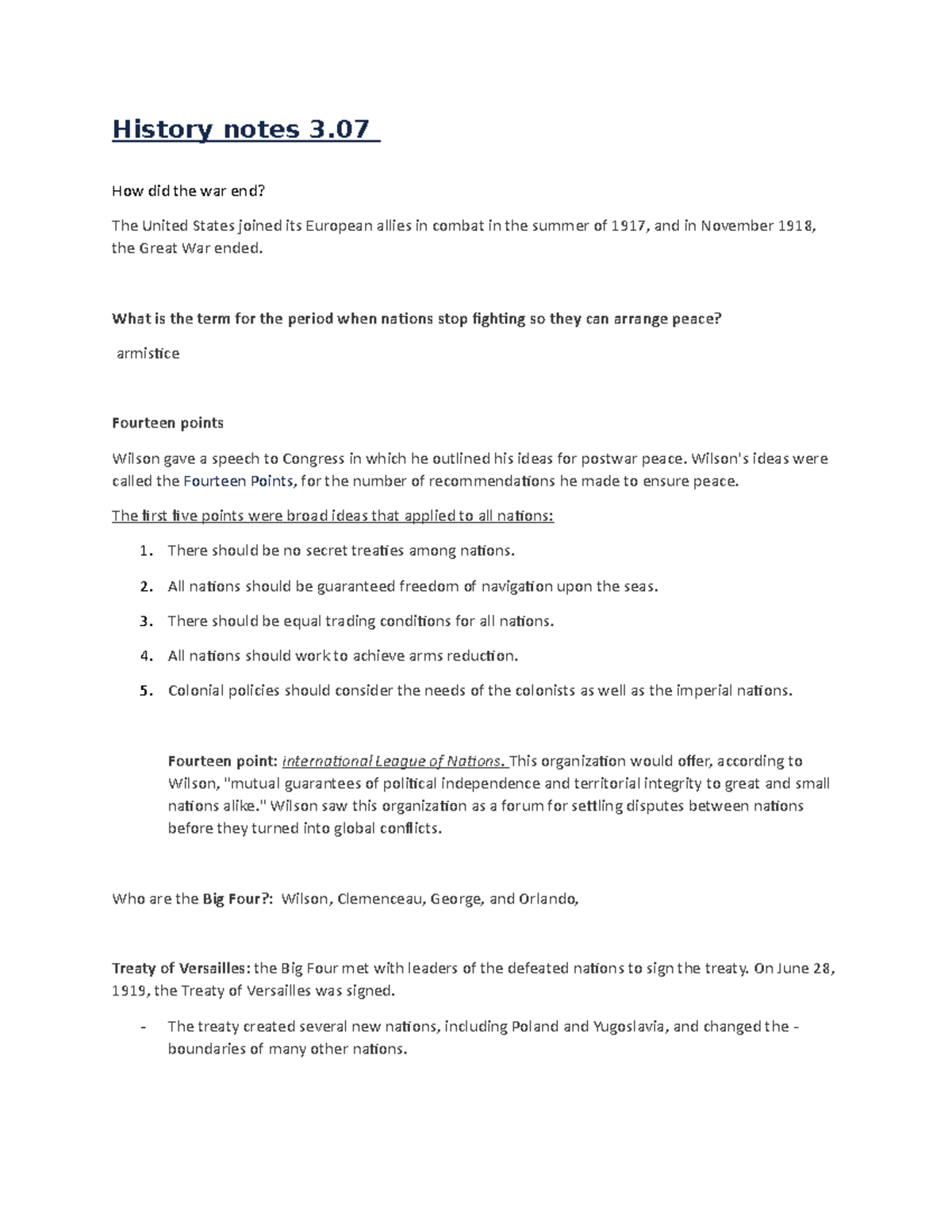 3.07 U.S. History Final Exam Notes on WWI and Treaty of Versailles ...