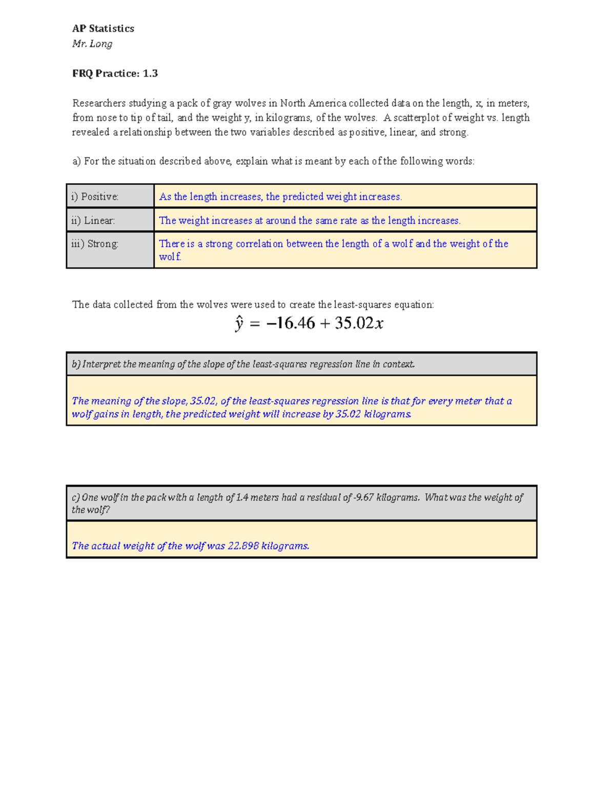 FRQ Practice 1 - AP Statistics Mr. Long FRQ Practice: 1. Researchers ...