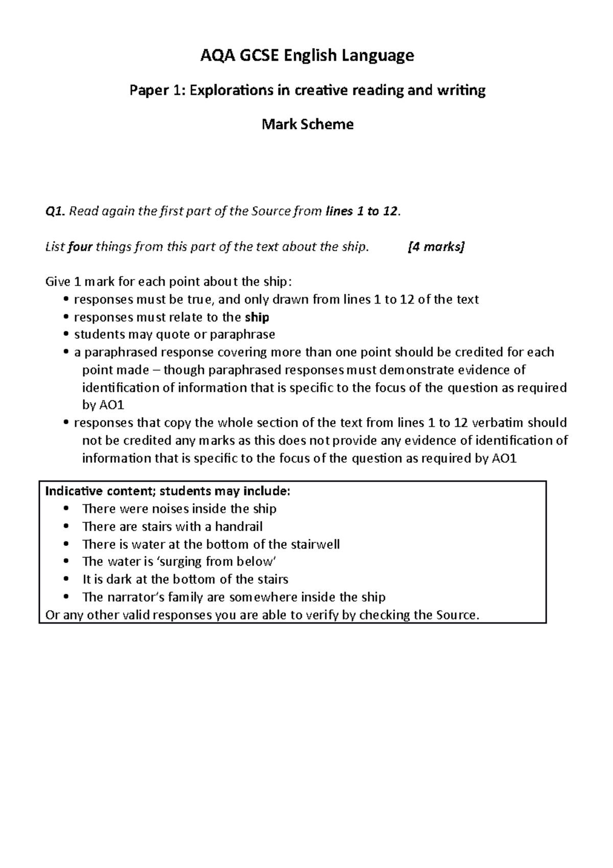 AQA GCSE English Language Paper 1a Mark Scheme Analysis and Guide - Studocu