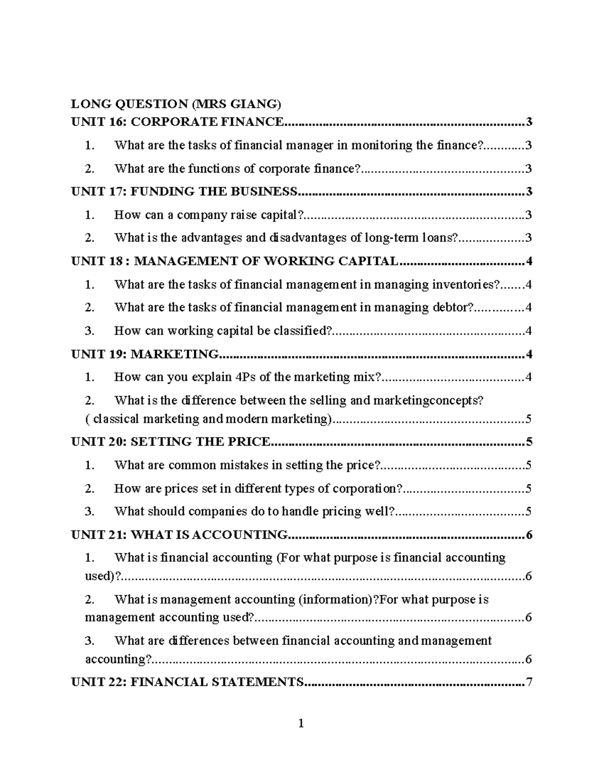 LONG QUESTION (MRS GIANG) - CORPORATE FINANCE & MANAGEMENT TOPICS - Studocu