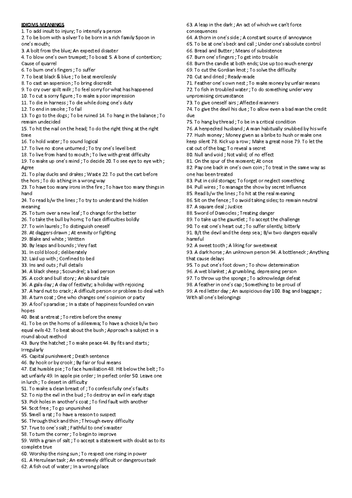 100 Essential Idioms and Their Meanings for ESL Learners - Studocu