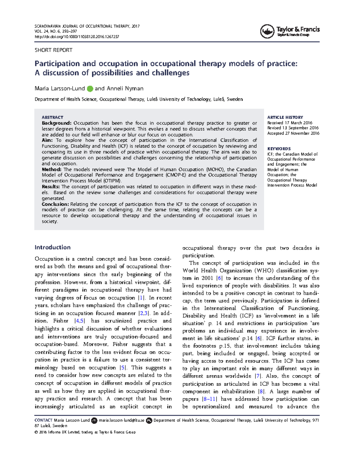 Participation and Occupation in OT Models: Challenges & Insights - Studocu