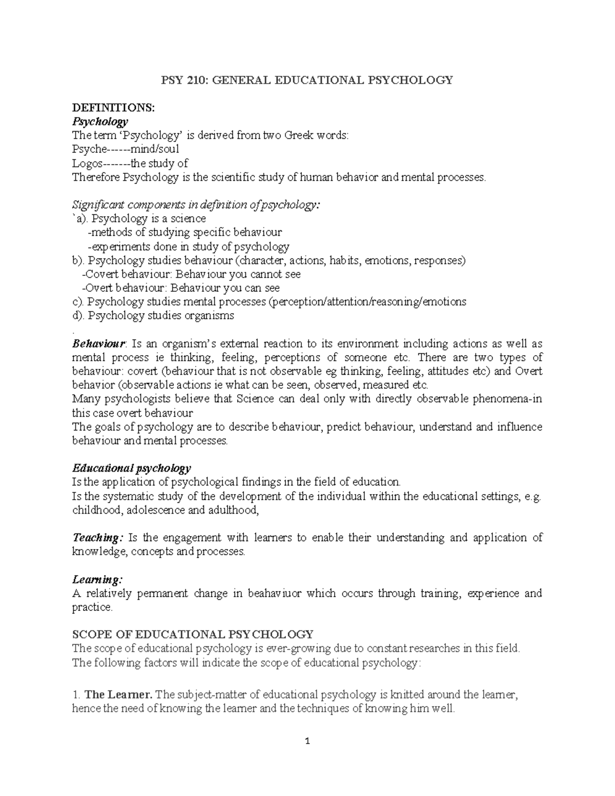 PSY 210: Educational Psychology Definitions and Key Concepts - Studocu