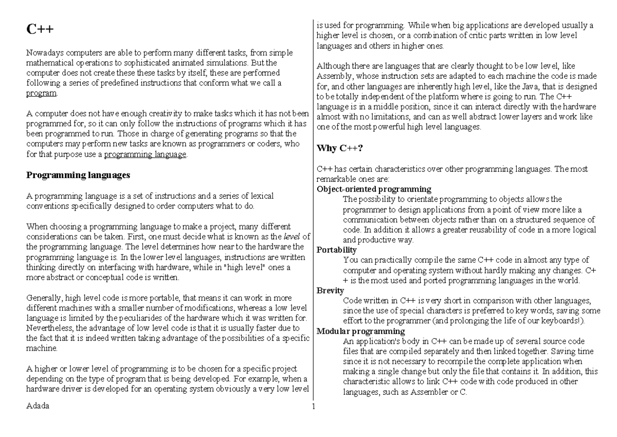 OOP C++ - Programming Language Overview and Basics Notes - Studocu