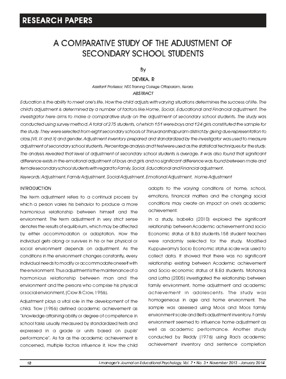 Comparative Study of Adjustment in Secondary School Students (EJ1098608 ...