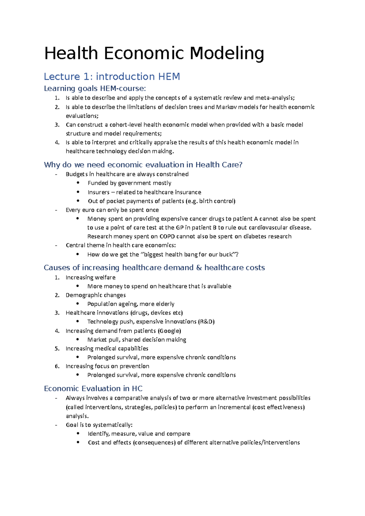 HEM Lecture Notes: Introduction to Health Economic Modeling - Studeersnel