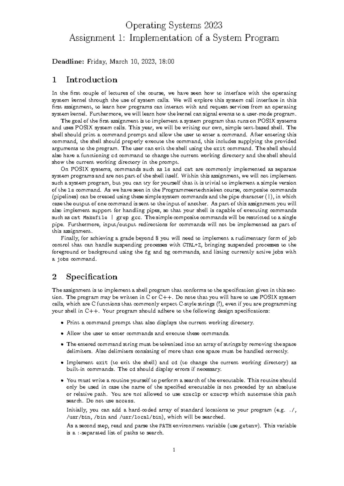 OS Assignment 1: Implementing a Basic POSIX Shell (Year 2) - Studeersnel