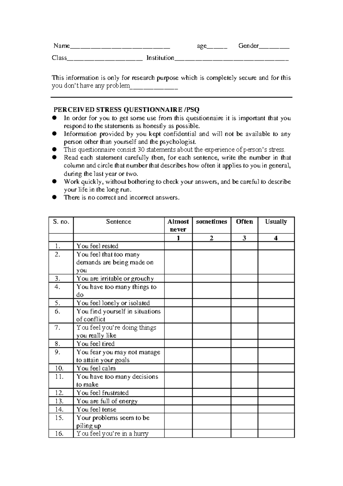 PSQ Qustionnnare F - Previous year question papers - Name ...