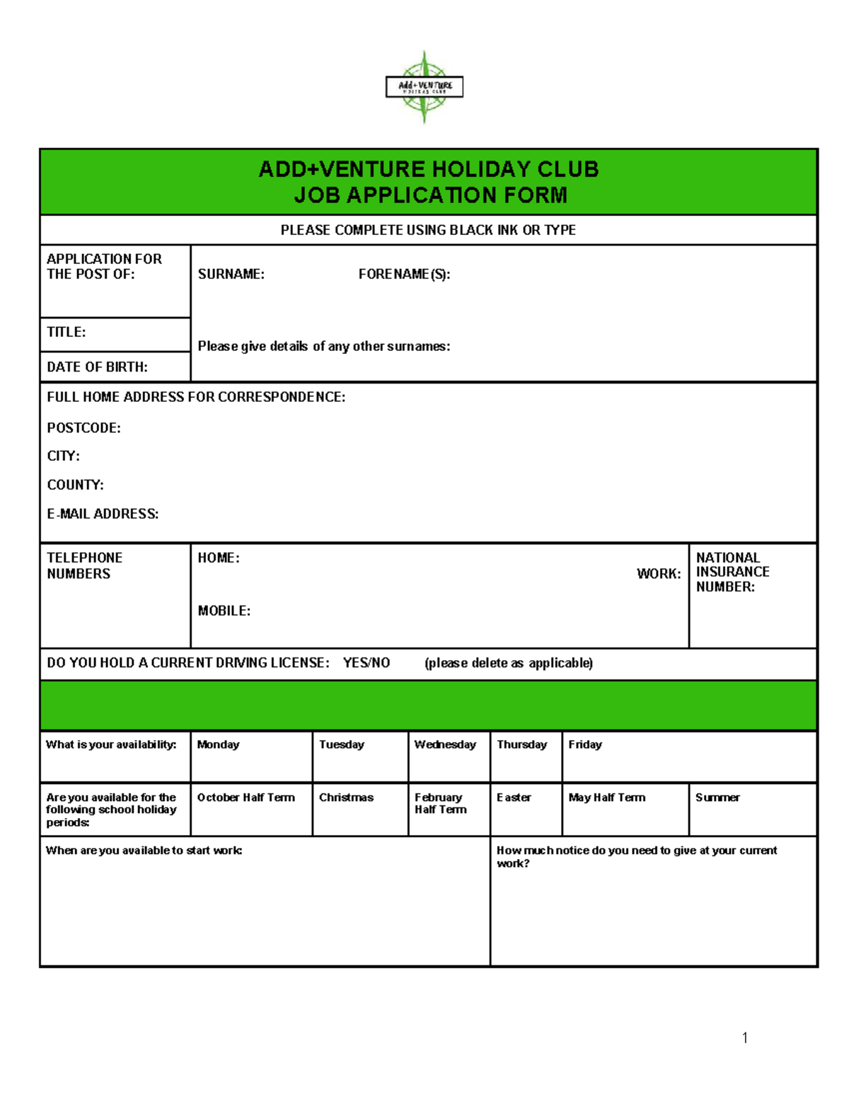 Add+ Venture Club Job Application Form - Studocu