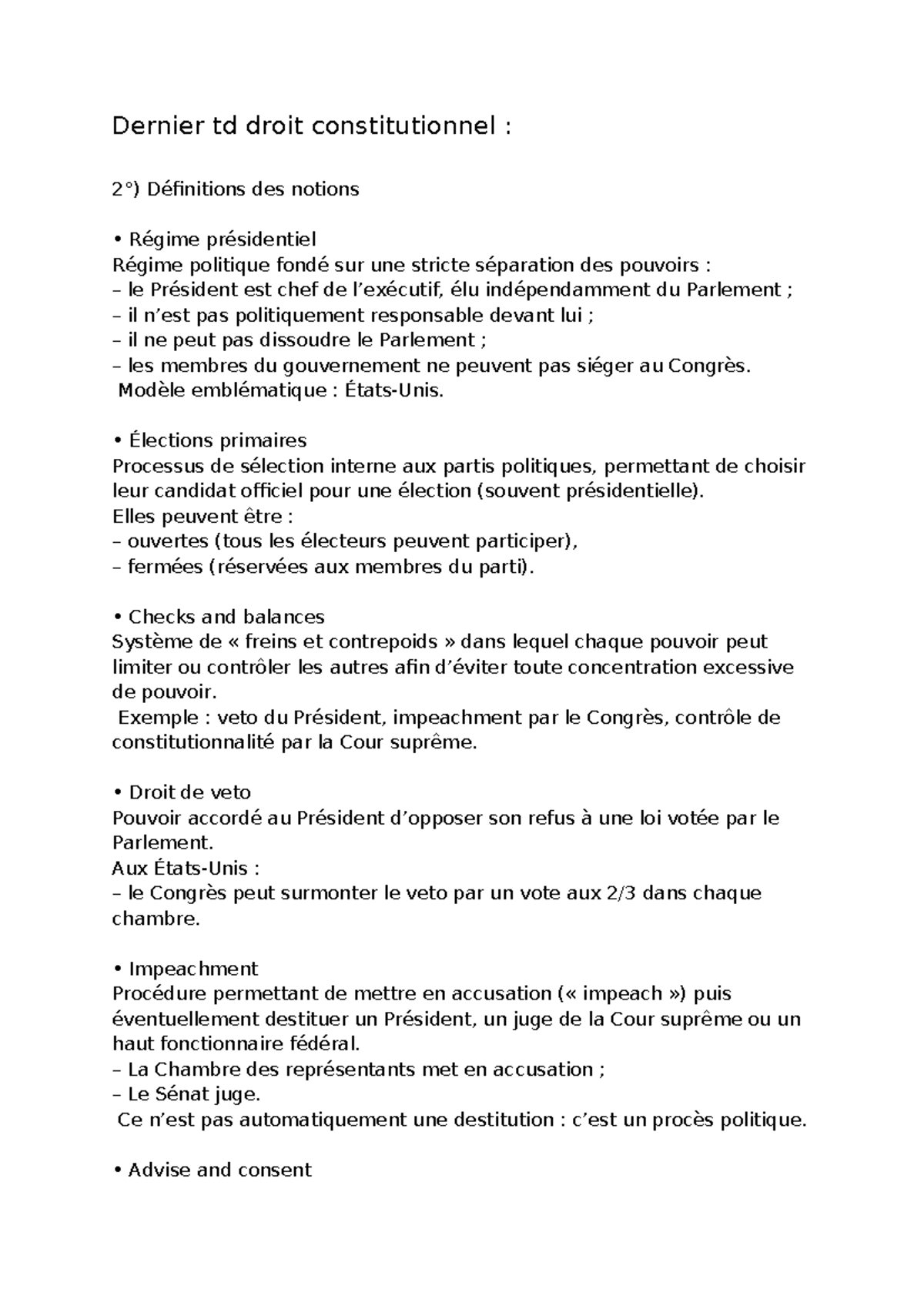 TD Droit Constitutionnel : Régime Présidentiel et Checks and Balances ...