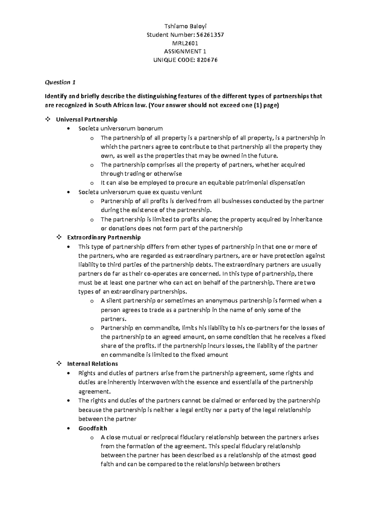MRL2601 Assignment 1: Partnerships and Business Trusts Analysis - Studocu