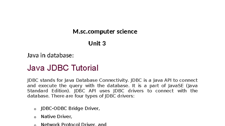 M.Sc. Computer Science Unit 3: Java JDBC Tutorial and Database ...