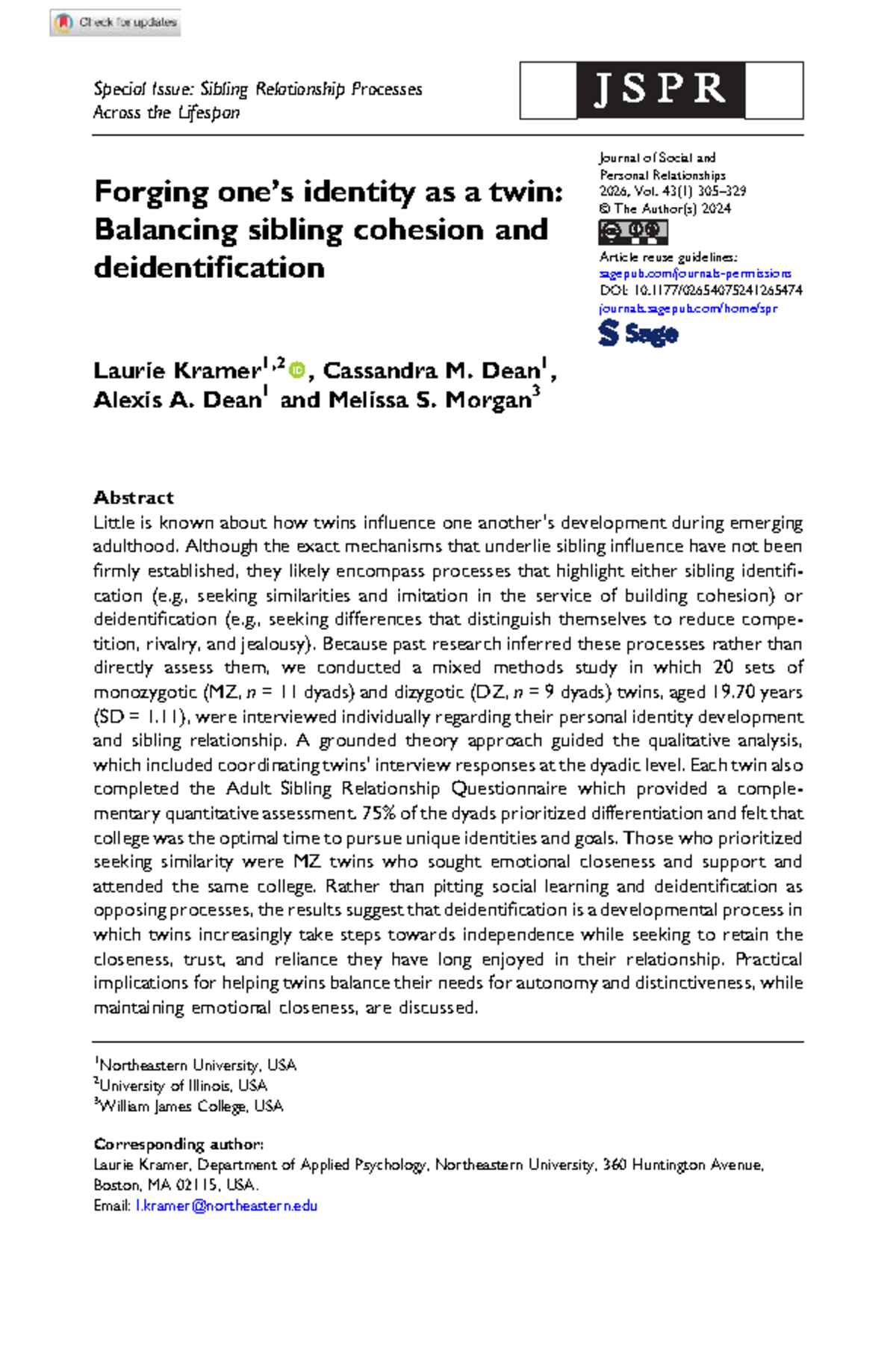 Kramer et al. 2024: Forging Identity as a Twin - Balancing Cohesion ...