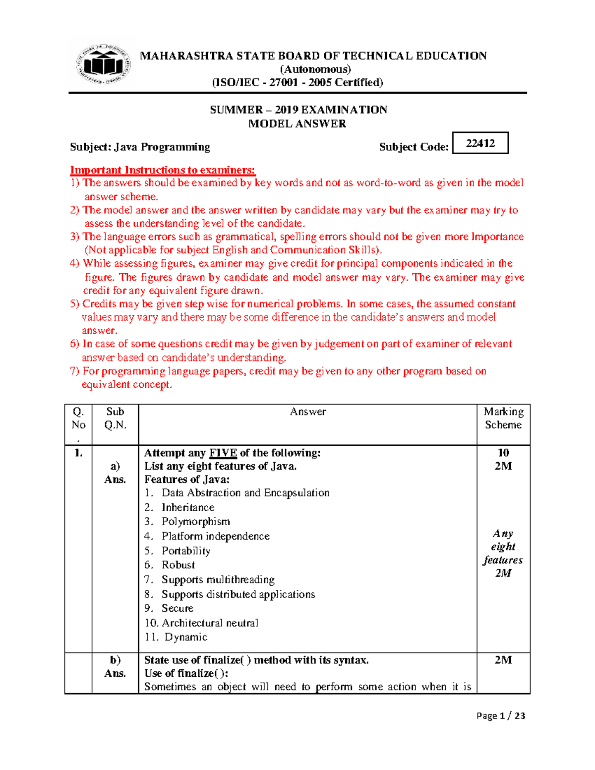 Java Programming Model Answer Paper - Subject Code: 22412 (Summer 2019 ...