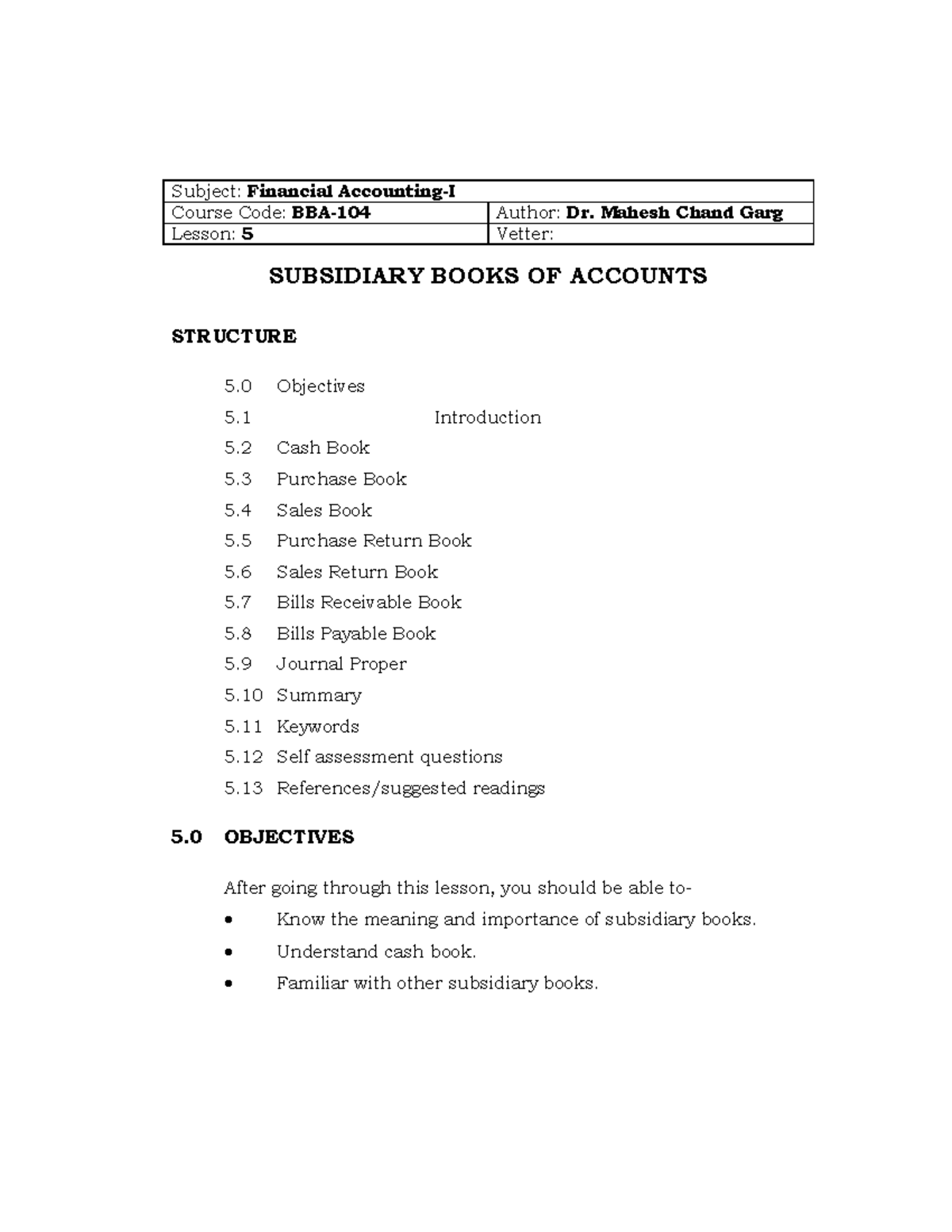 **BBA-104 Financial Accounting-I: Lesson 5 on Subsidiary Books of ...