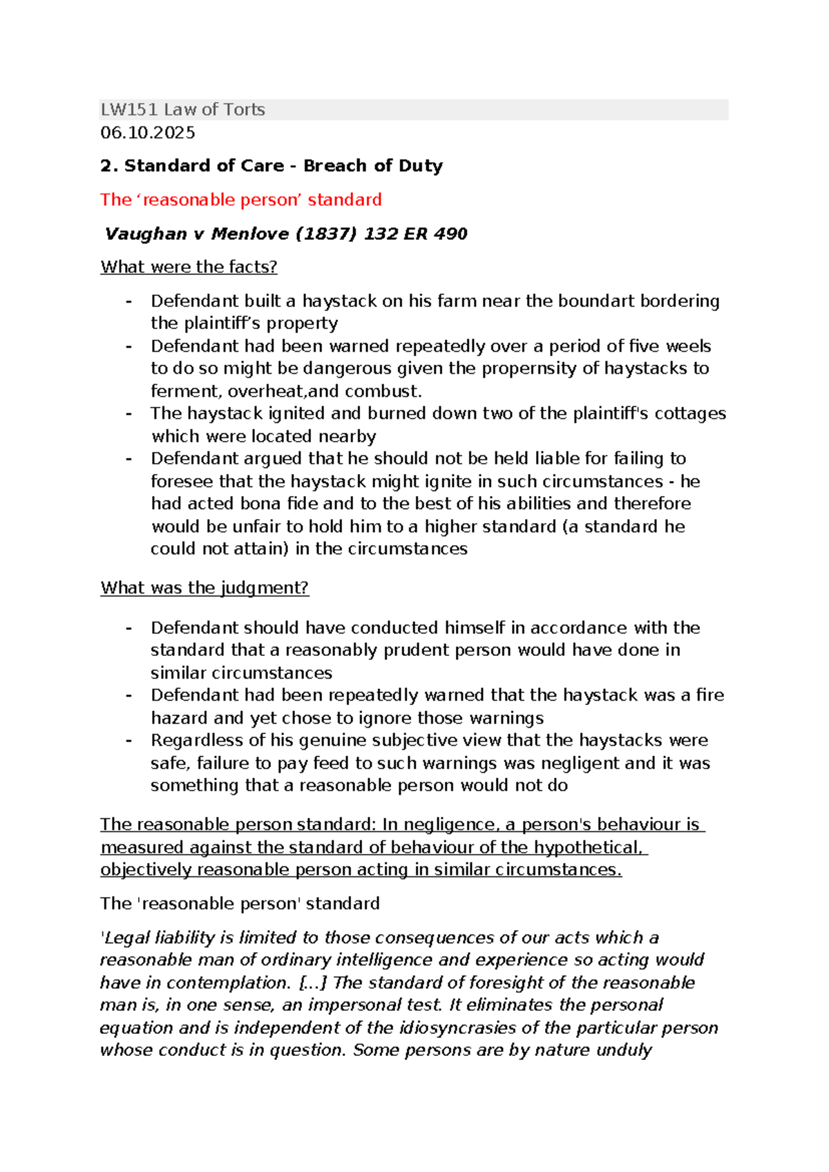 LW151 Law of Torts: Standard of Care and Breach of Duty Analysis - Studocu