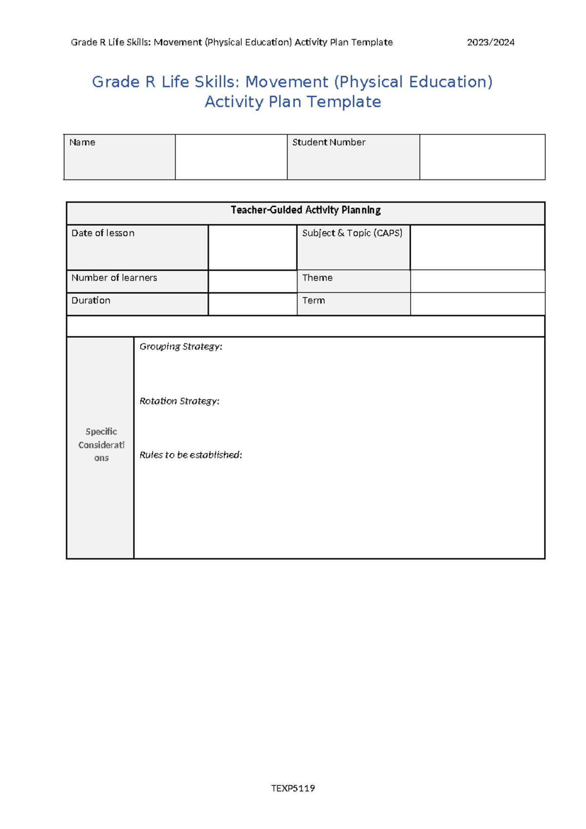 Grade R Movement Activity Plan Template for Life Skills (Physical Ed ...