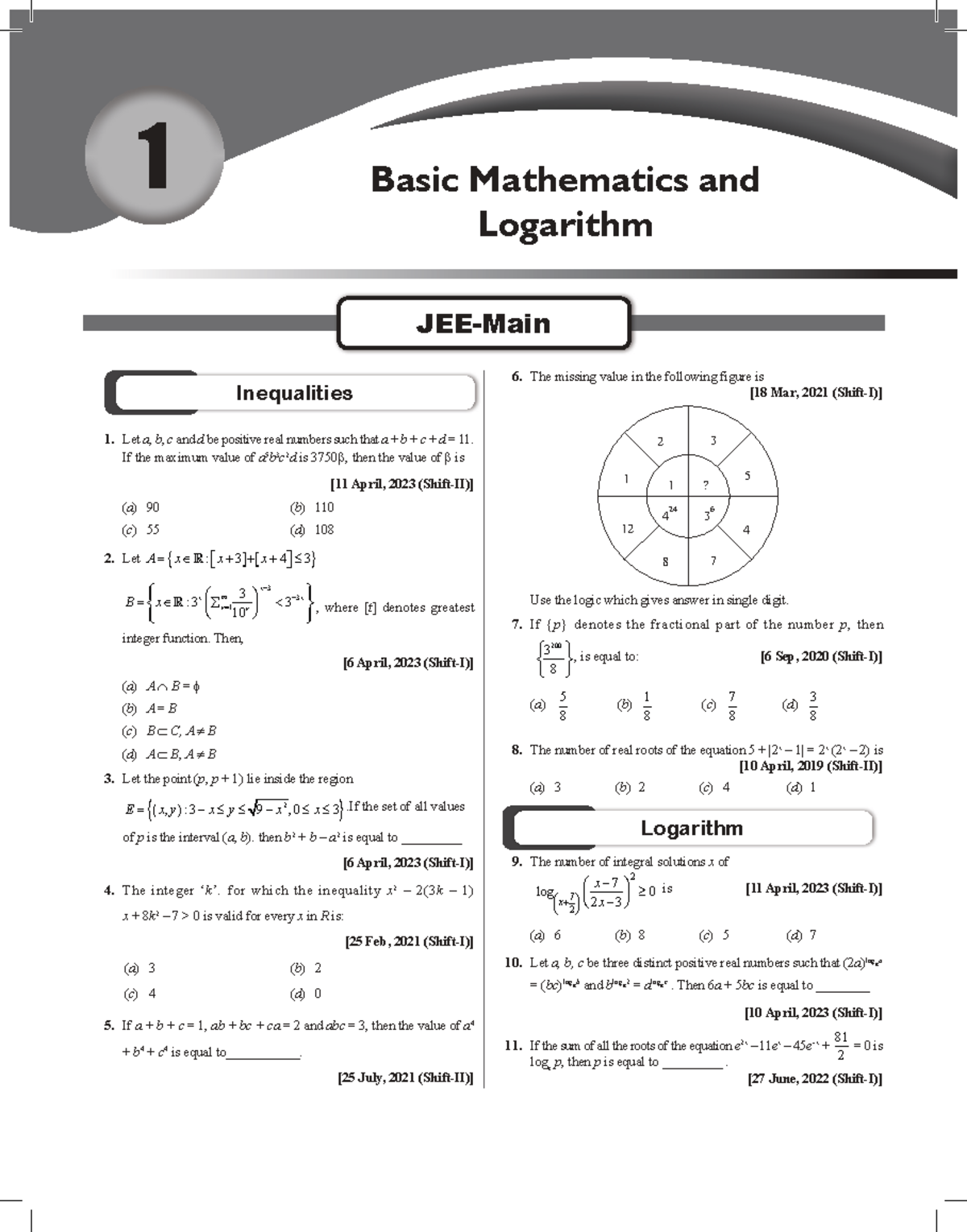 JEE-Mains PYQs: Basic Math & Logarithm Inequalities - Studocu