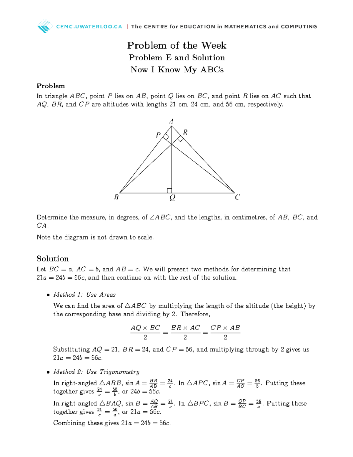 Mathematics 21 G 06 S - Problem of the Week & Solution on Triangle ABC ...