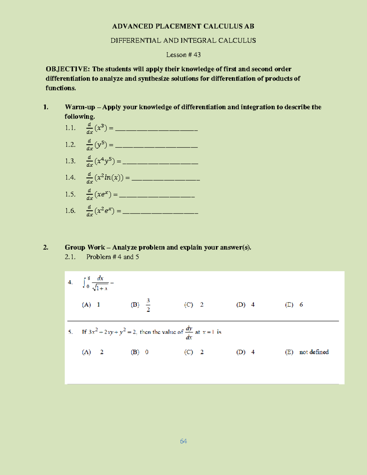 APCalculus AB AY2223 lesson 43 - 64 ADVANCED PLACEMENT CALCULUS AB ...