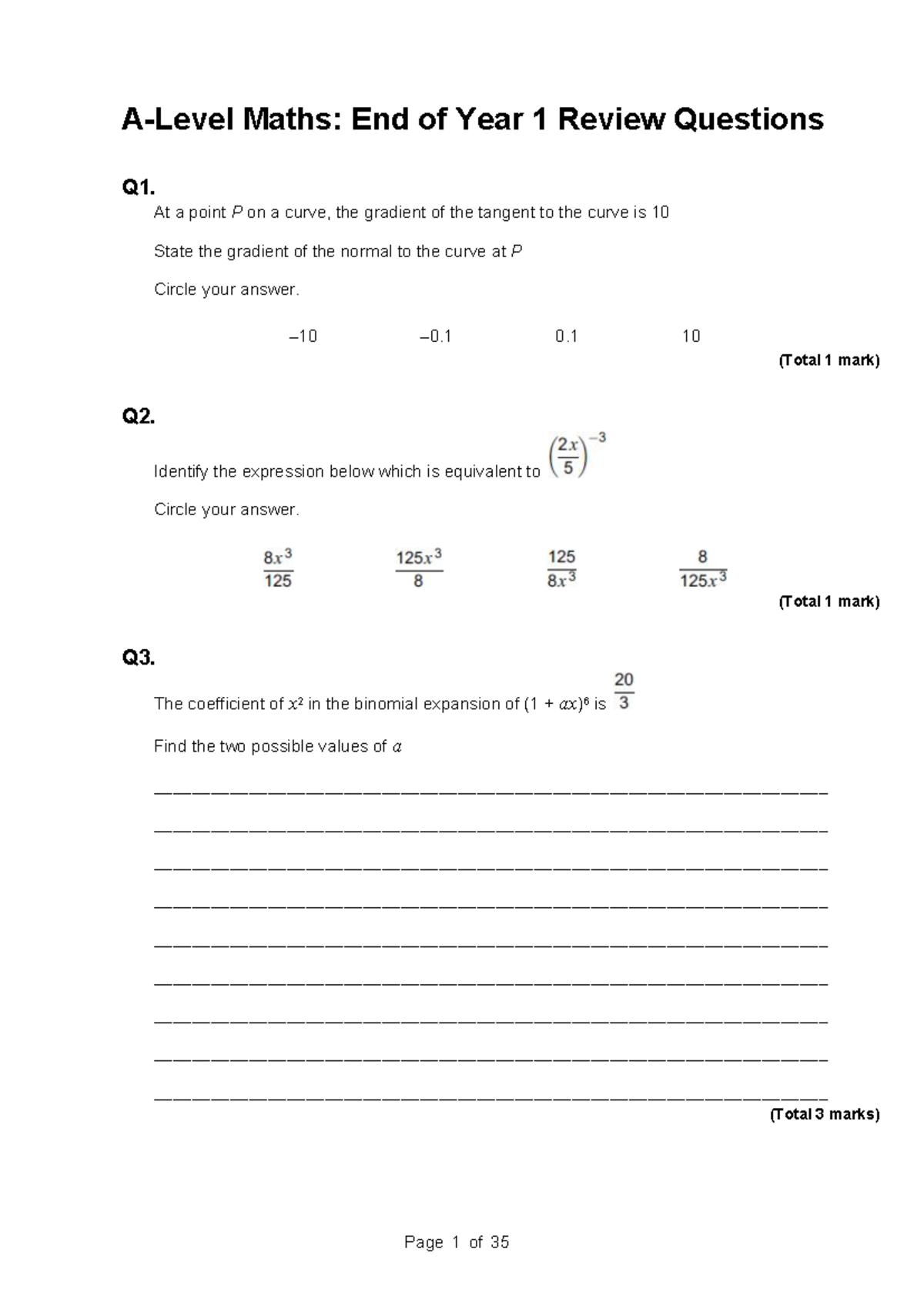 Maths: Year 1 End of Year Review Questions - Studocu