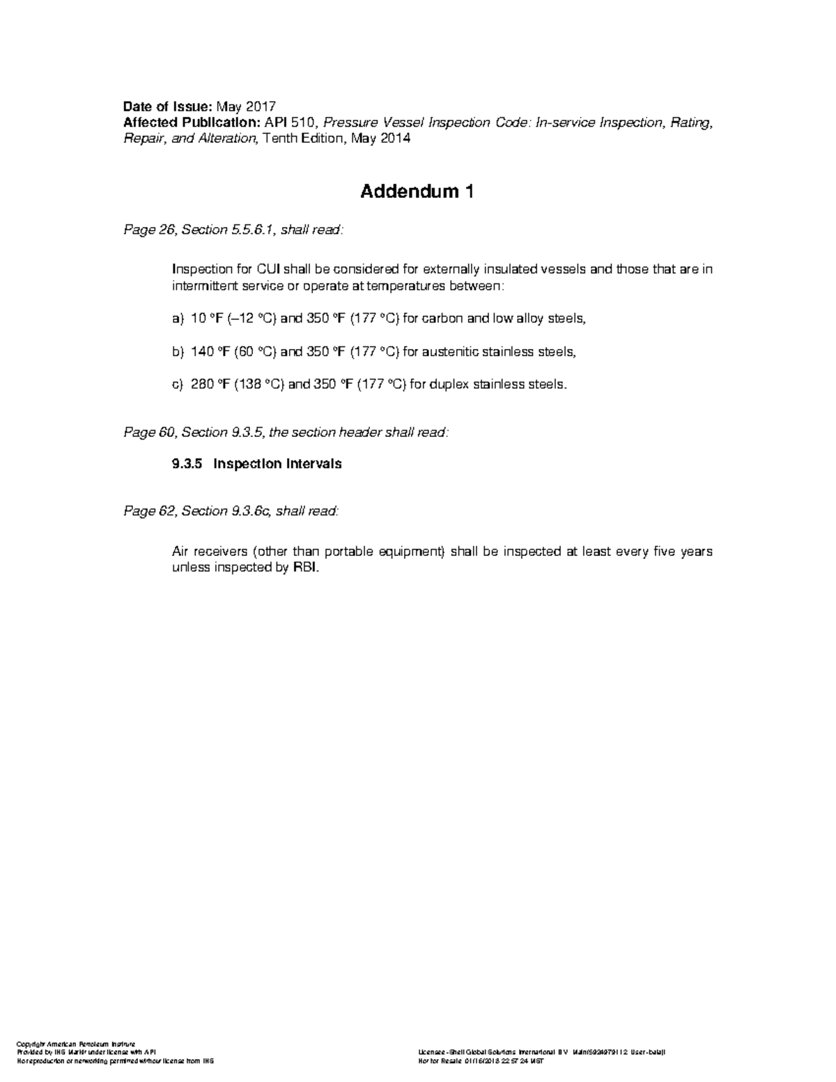 API 510 Pressure Vessel Inspection Code: May 2017 Addendum Summary ...