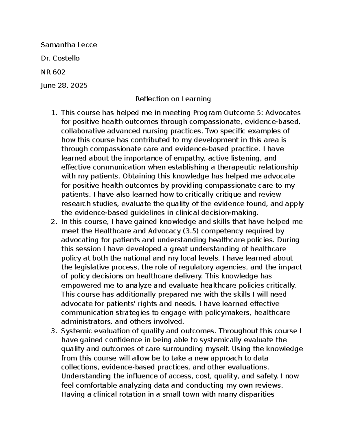 NR 602 Reflection on Learning: Advocating for Positive Health Outcomes ...