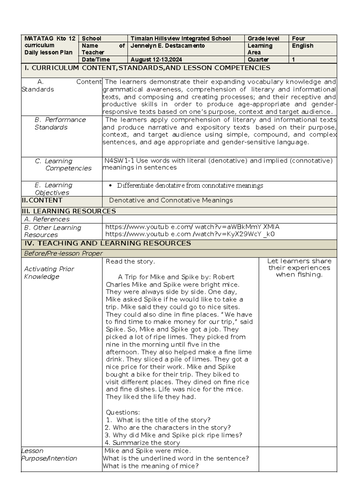 ENG Q1 W3 D1 - Daily Lesson Plan on Denotation & Connotation - Studocu