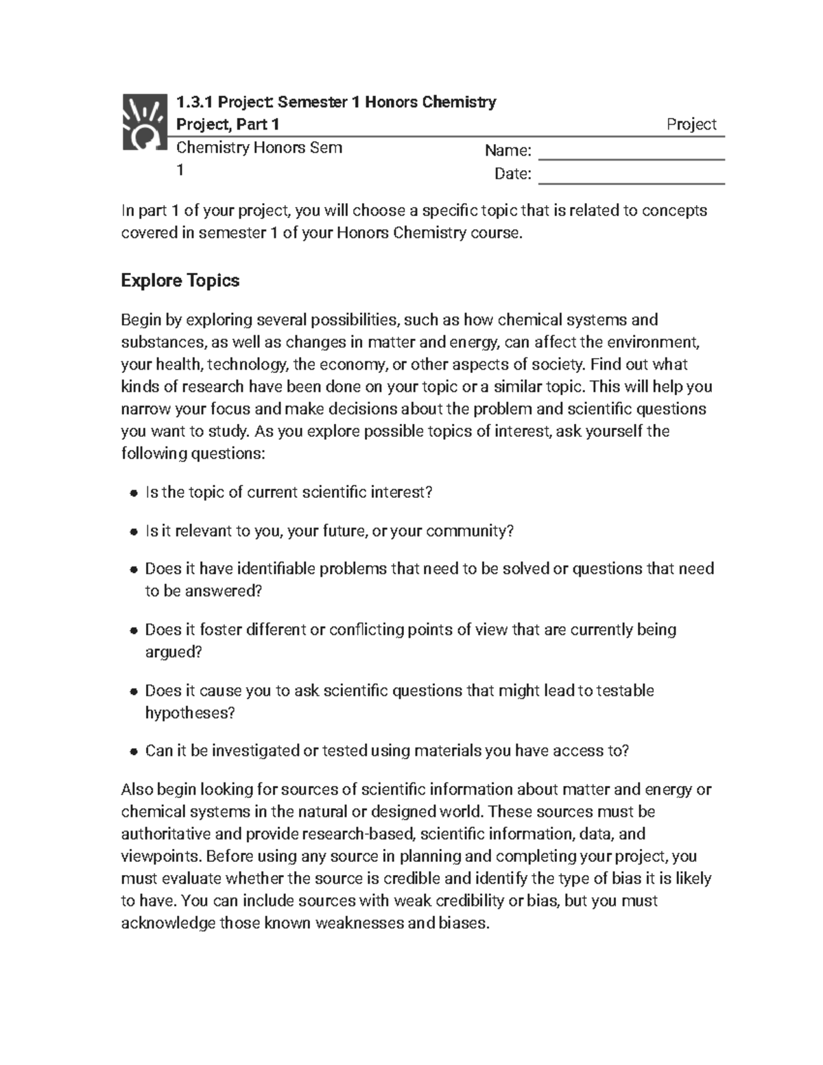 1.3.1 Semester 1 Honors Chemistry Project - Part 1 Guide - Studocu