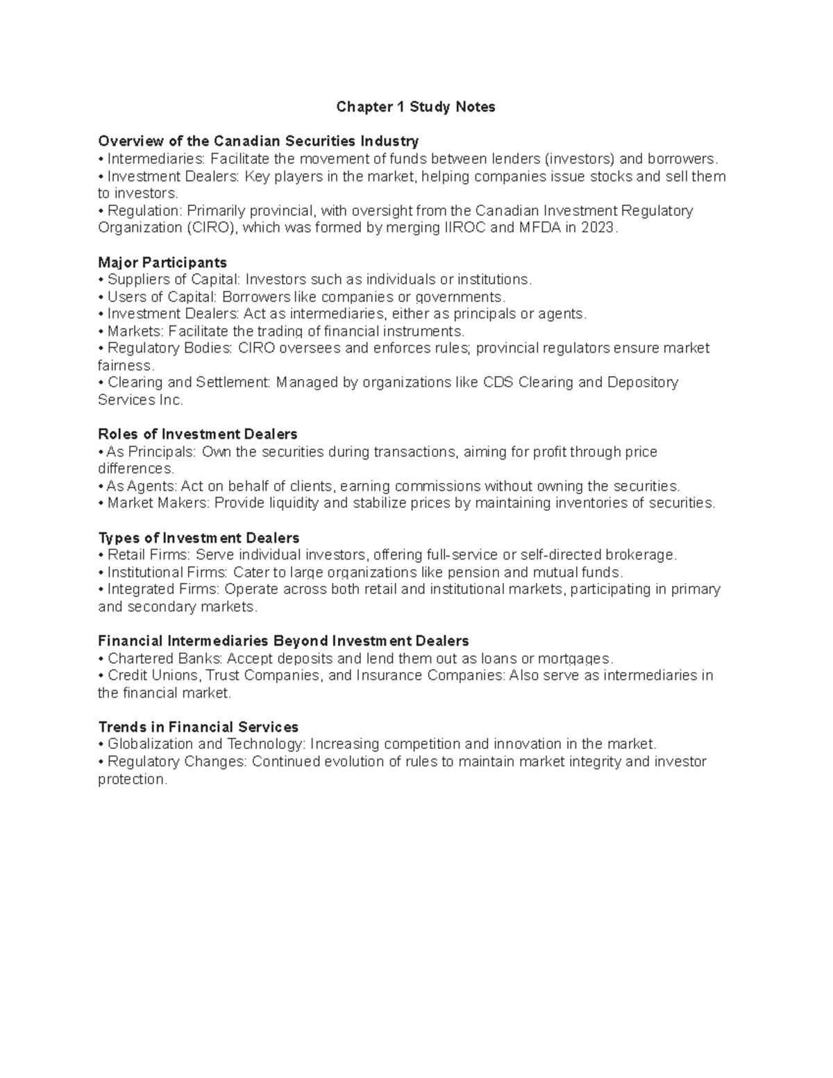 Chapter 1 Study Notes: Overview of the Canadian Securities Industry ...