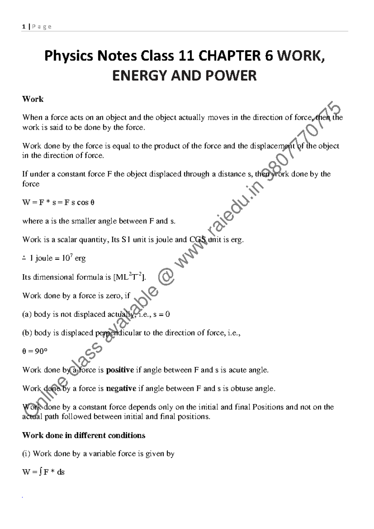 Chapter 6 www.raiedu.in - Physics Notes Class 11 CHAPTER 6 WORK, ENERGY ...