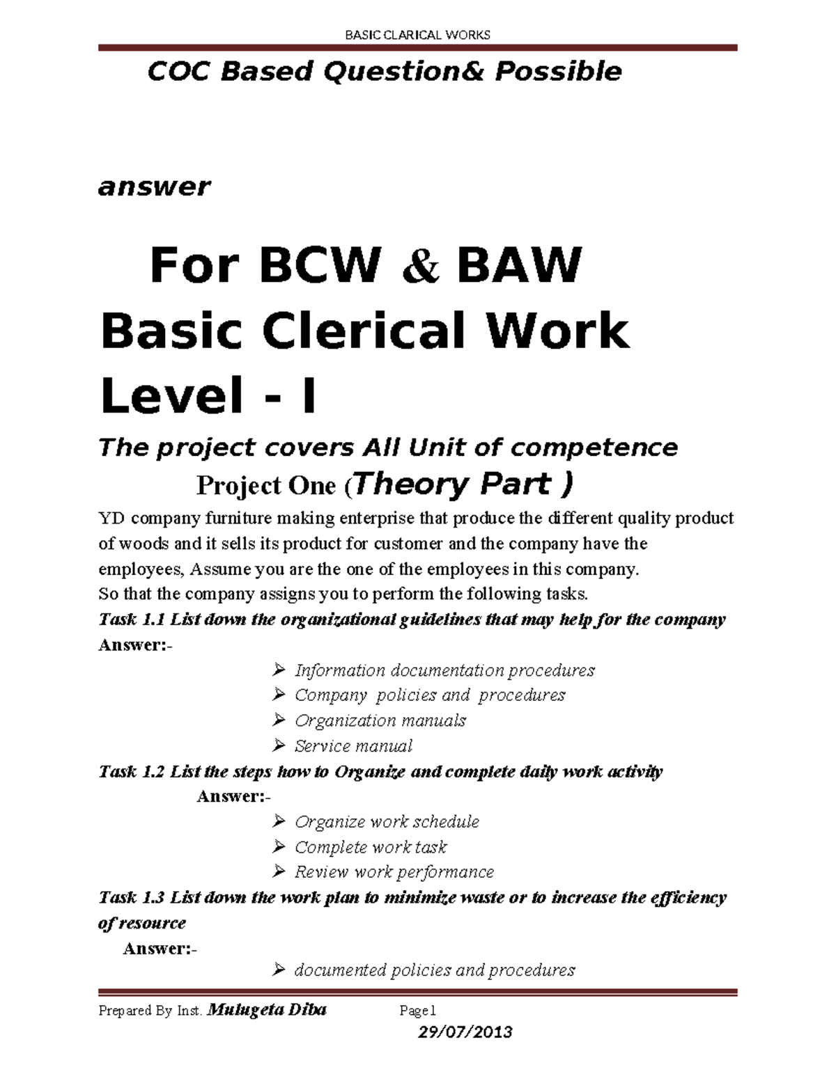 COC Based Possible Answers for BCW & BAW: Basic Clerical Work Level I ...