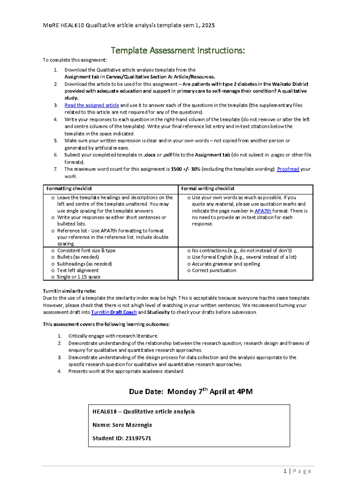 HEAL610 Quantitative Article Analysis Template - Semester 1, 2025 - Studocu