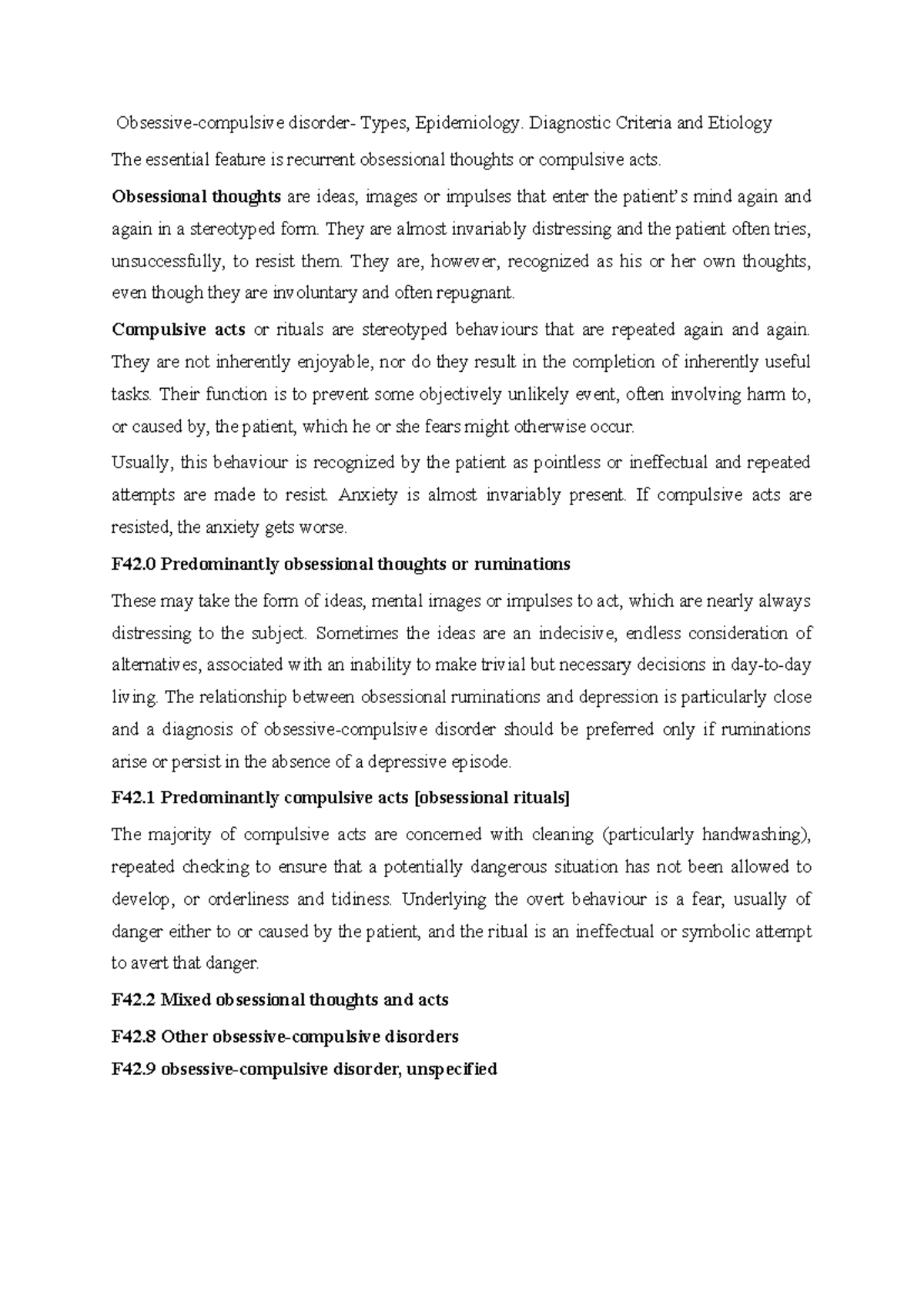 Final Exam Notes on Obsessive Compulsive Disorder (Course Code: PSY101 ...