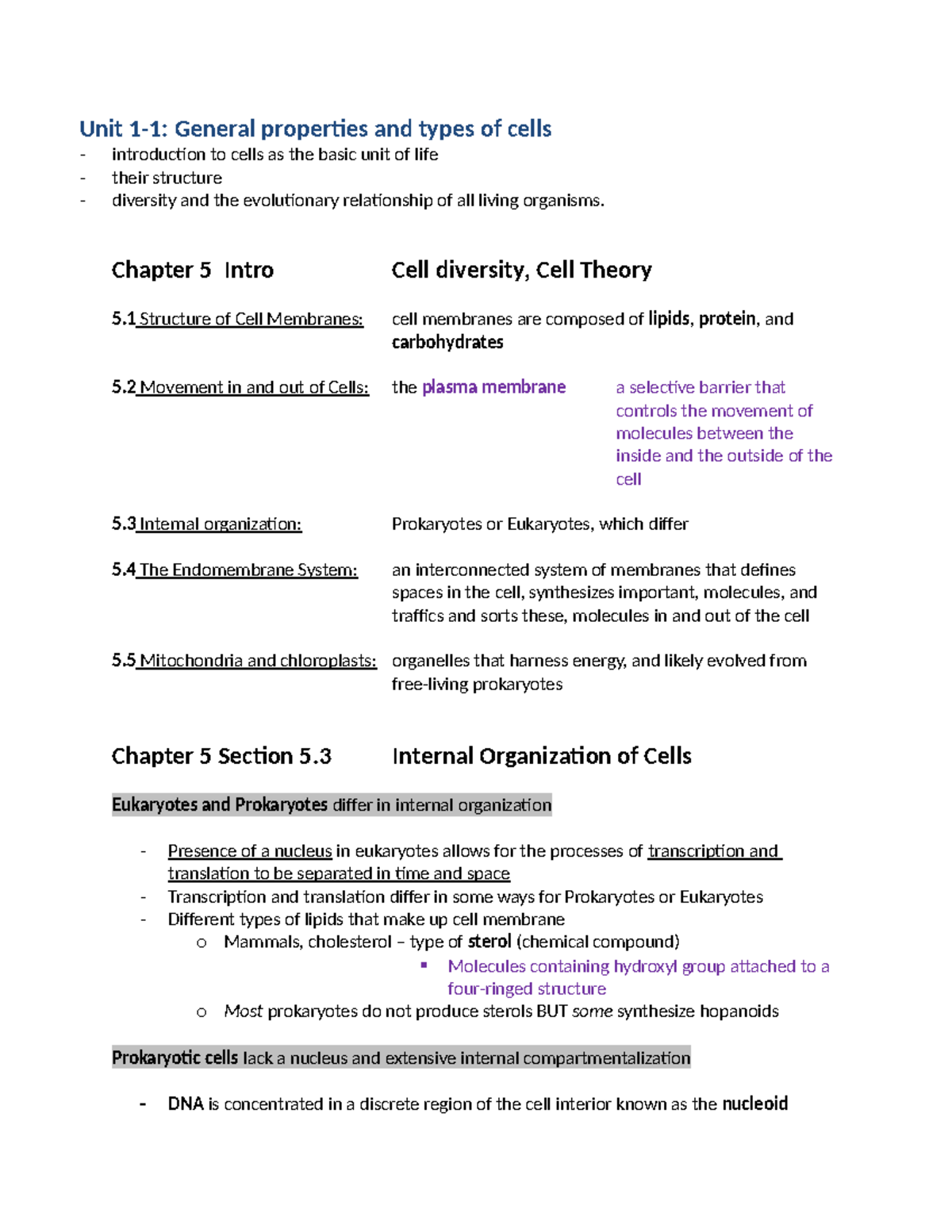 BIOL 112 Unit 1-1: Overview of Cell Structure and Function Notes - Studocu