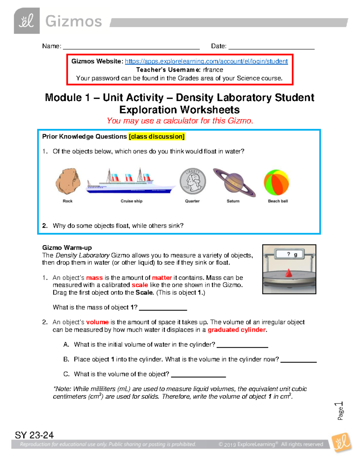 Module 1 - Density Lab Gizmo Exploration Worksheets for Students - Studocu