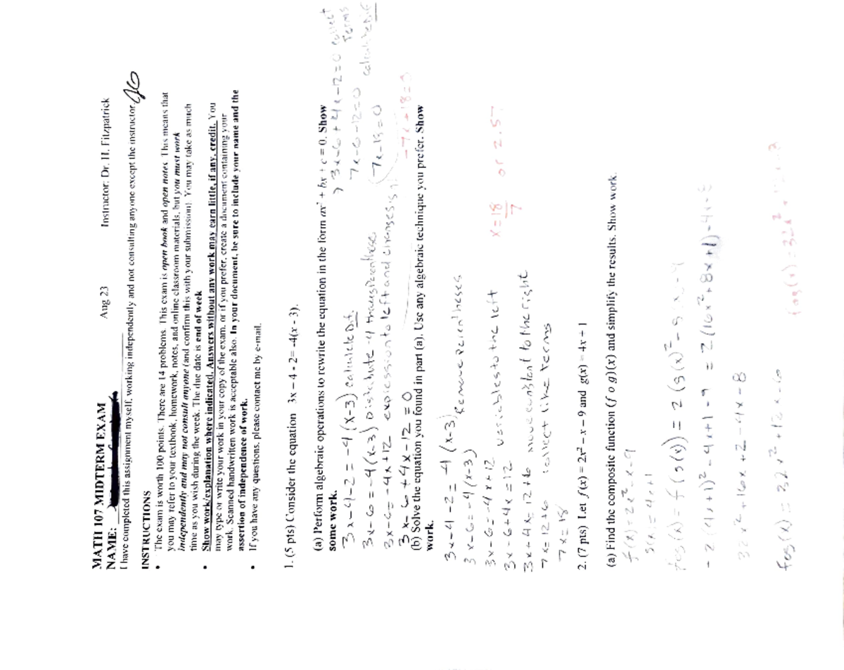 Math 107 Midterm Exam - Key Solutions and Correct Answers - Studocu