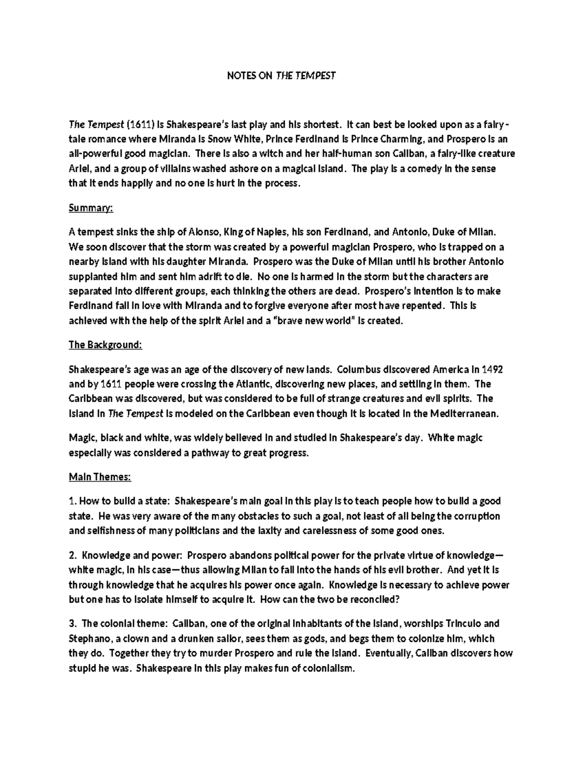 NOTES ON THE TEMPEST (ENG 101) - Themes, Characters, and Analysis - Studocu