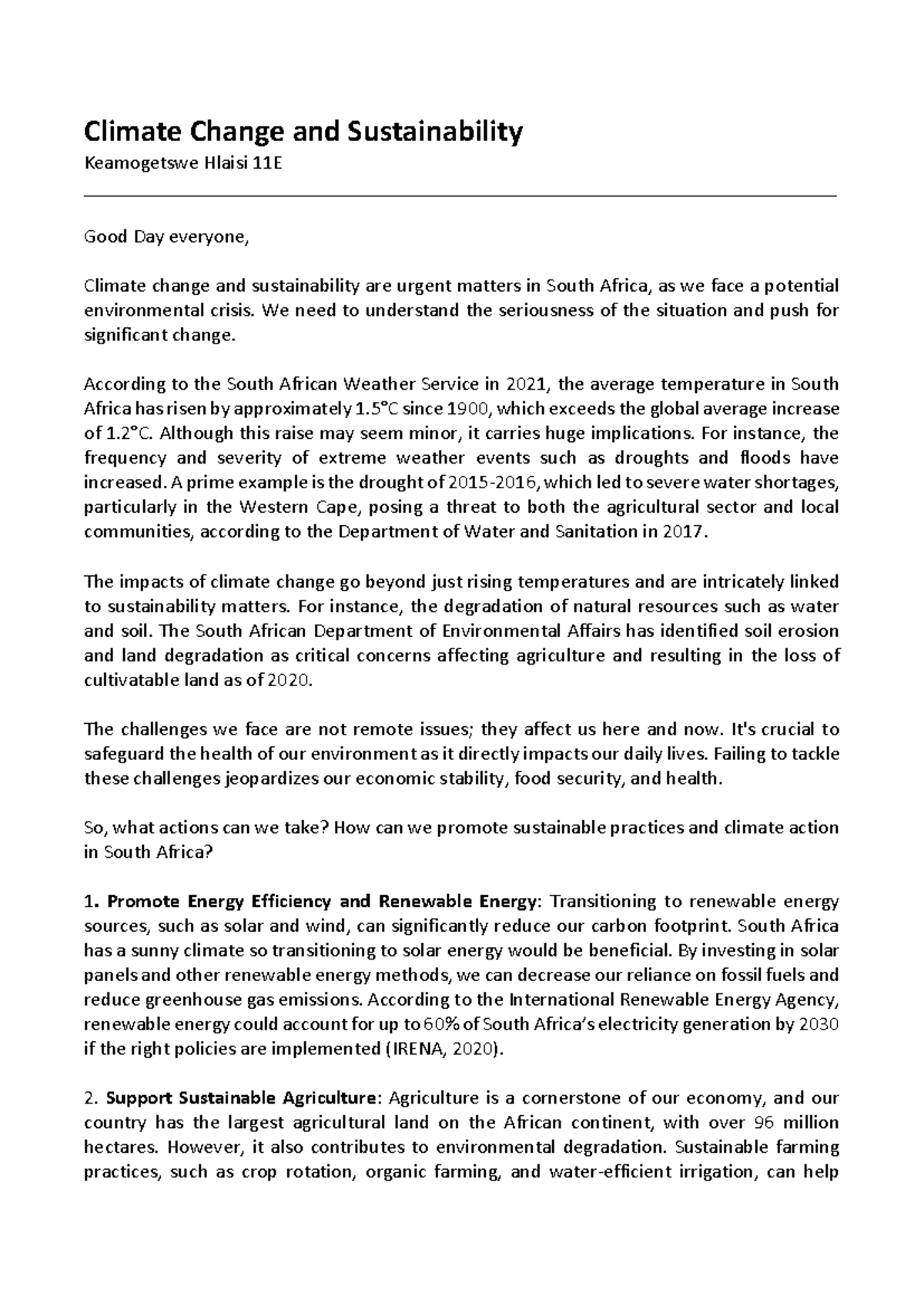 Climate Change & Sustainability: Urgent Actions for South Africa - Studocu