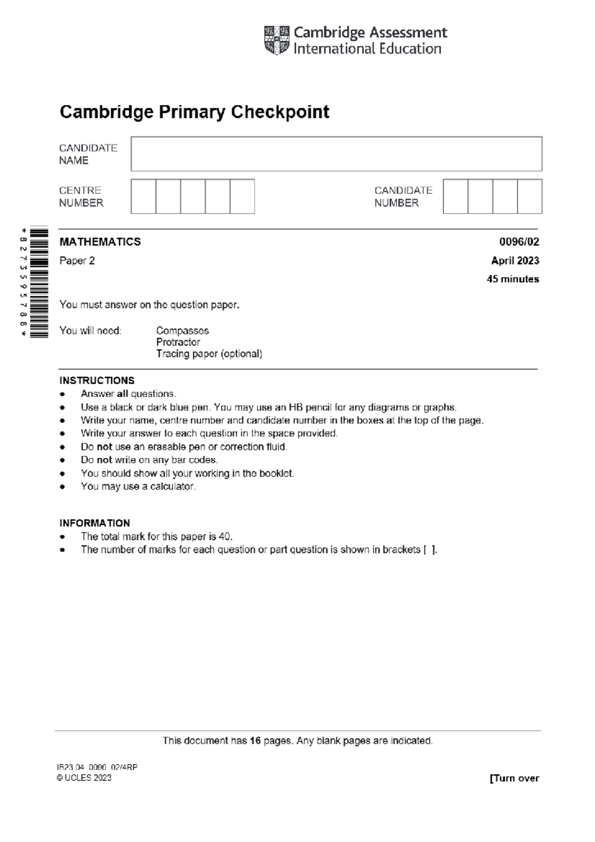 Cambridge Primary Checkpoint Mathematics Paper 2 (April 2023) - Studocu